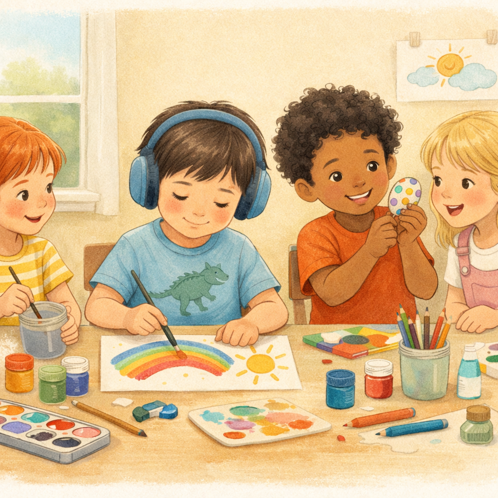 Group of children including an autistic child painting and exploring art supplies at a craft table.