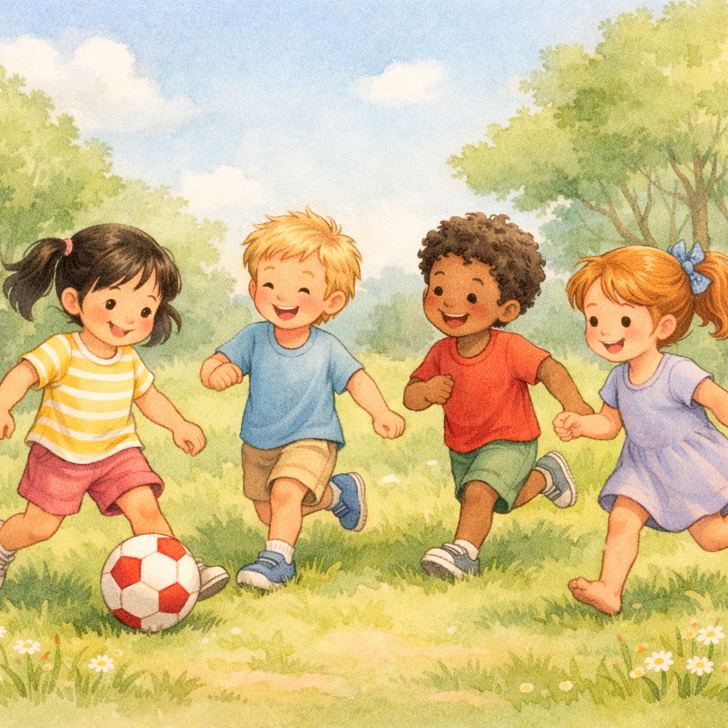 Group of children playing outside in a park with a ball and running freely.