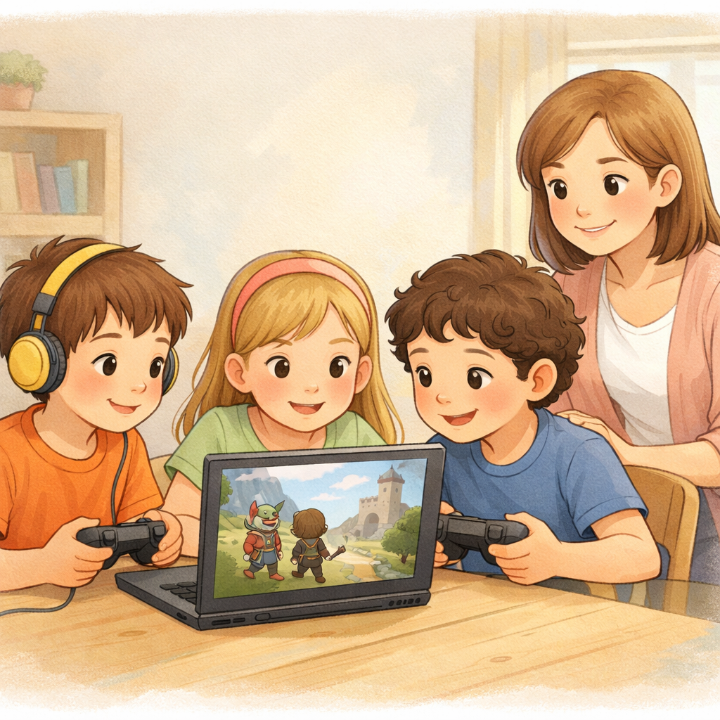 Group of kids playing online games with an adult supervising for safe behavior.