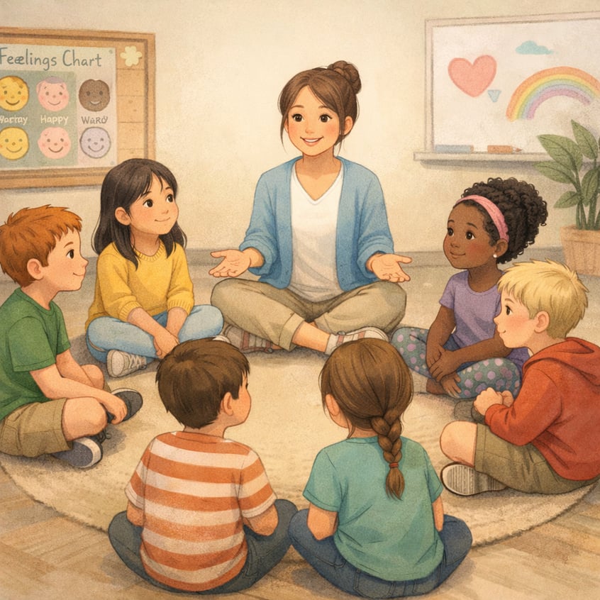 Group of students sitting in a circle during a school-based mental health support group session.