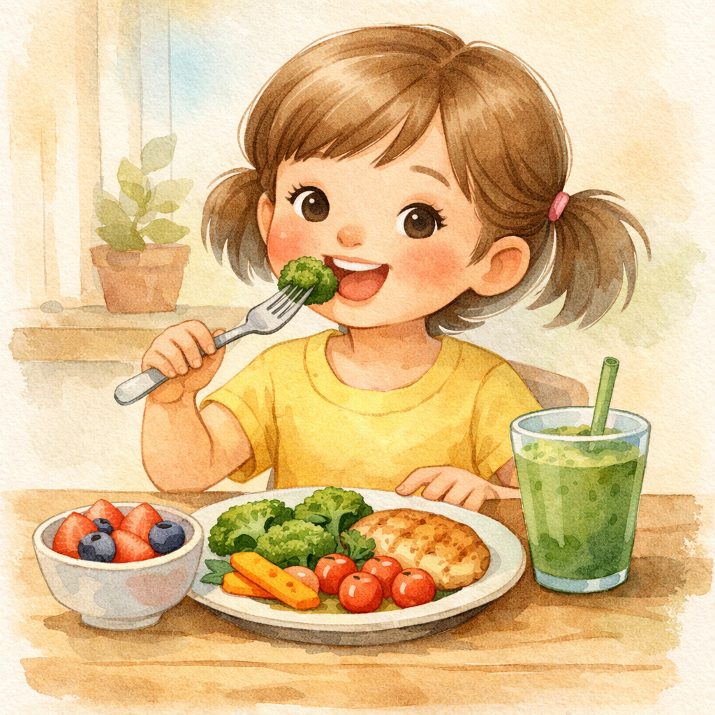 Child eating a nutritious home-cooked meal prepared with simple ingredients.