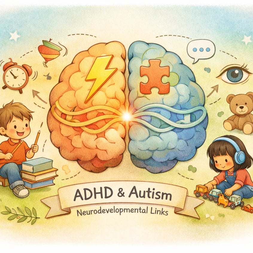 Illustration of the brain representing neurodevelopmental links between ADHD and autism.
