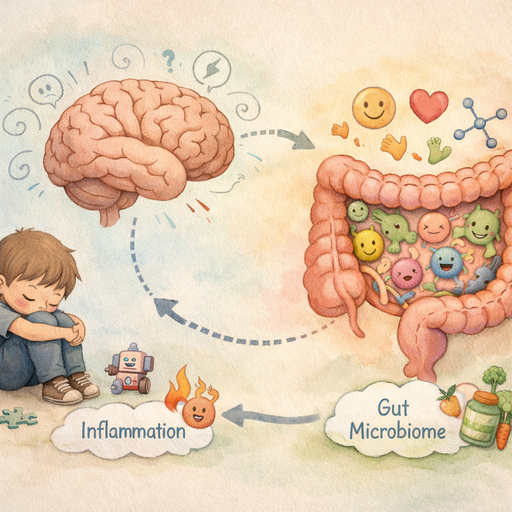 Illustration of the gut–brain connection showing how intestinal bacteria may influence autism-related behaviors.