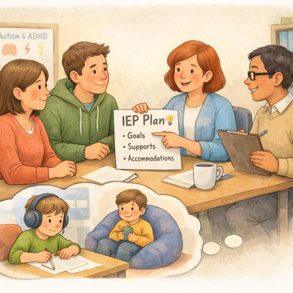 Individualized education plan meeting – Parents and teachers discussing learning strategies and accommodations for a student with autism and ADHD.