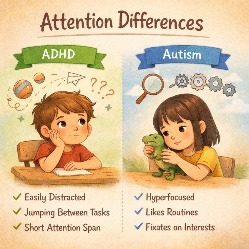 Infographic showing behavioral differences between ADHD and autism, including attention, communication, and social interaction.