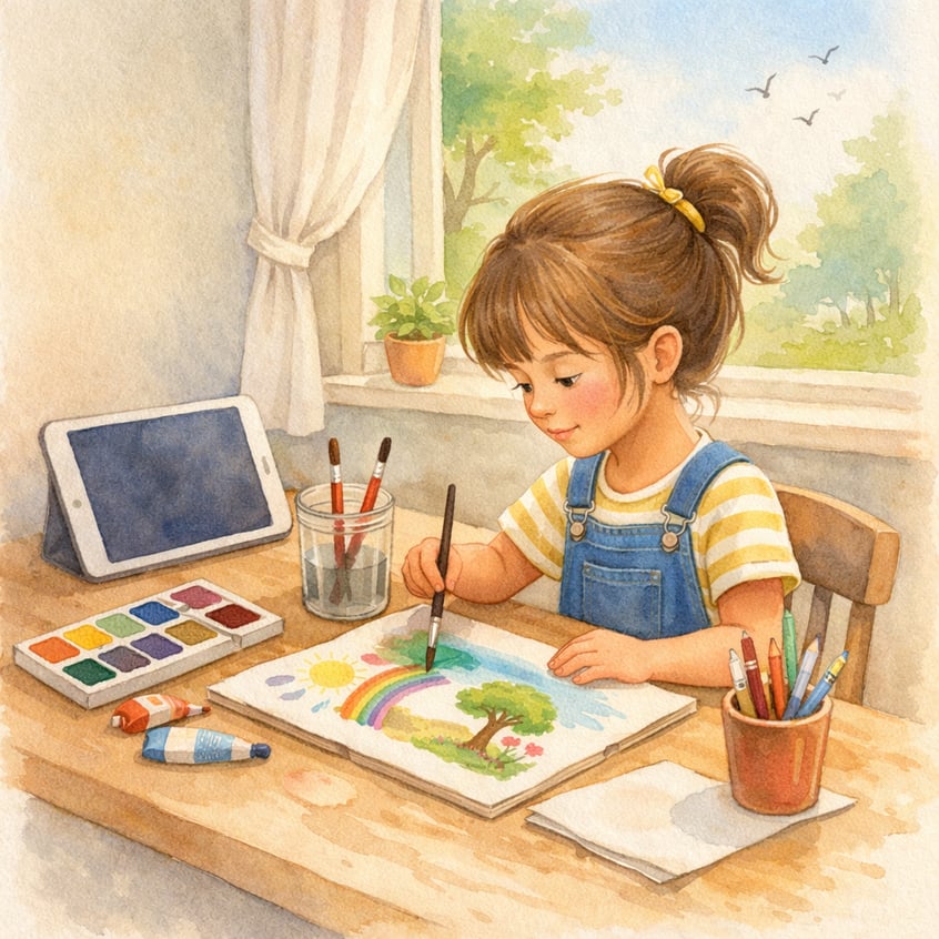 Child expressing emotions through art during therapy for gadget overuse.