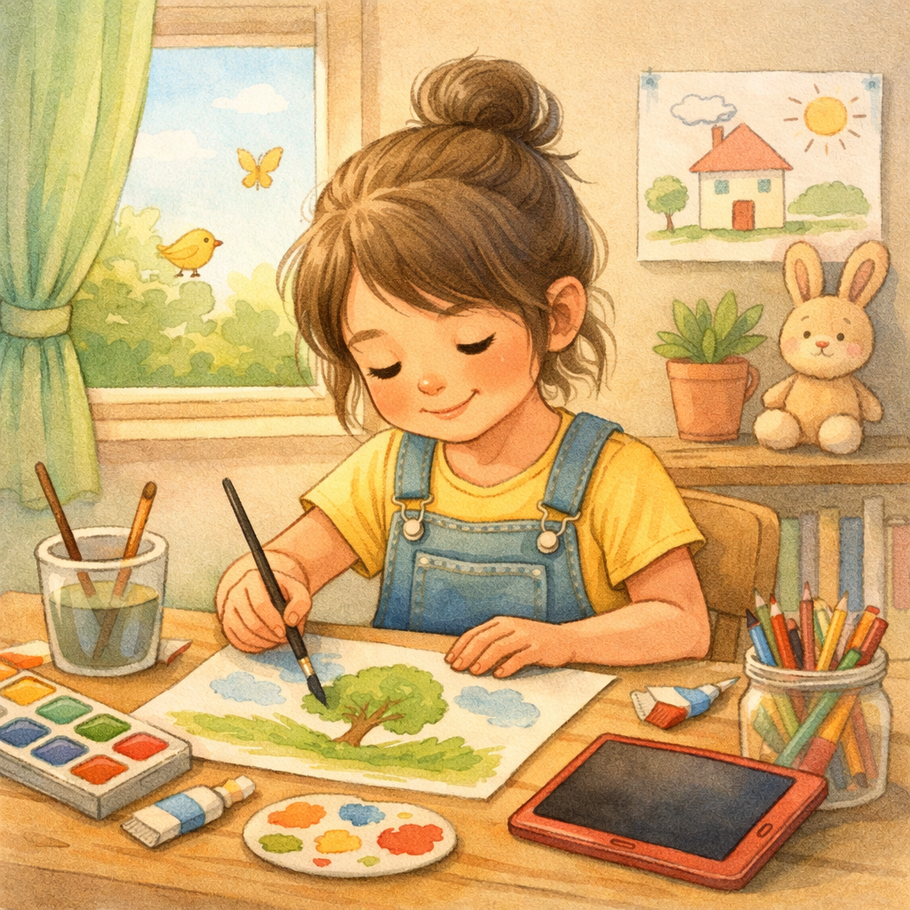 Child expressing emotions through art during therapy for gadget overuse.