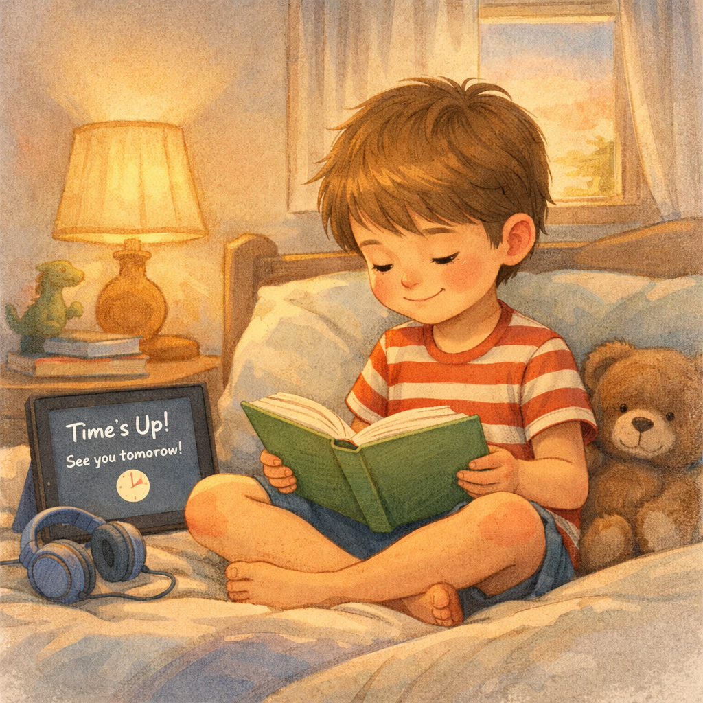 Child reading a book before bedtime instead of using a tablet