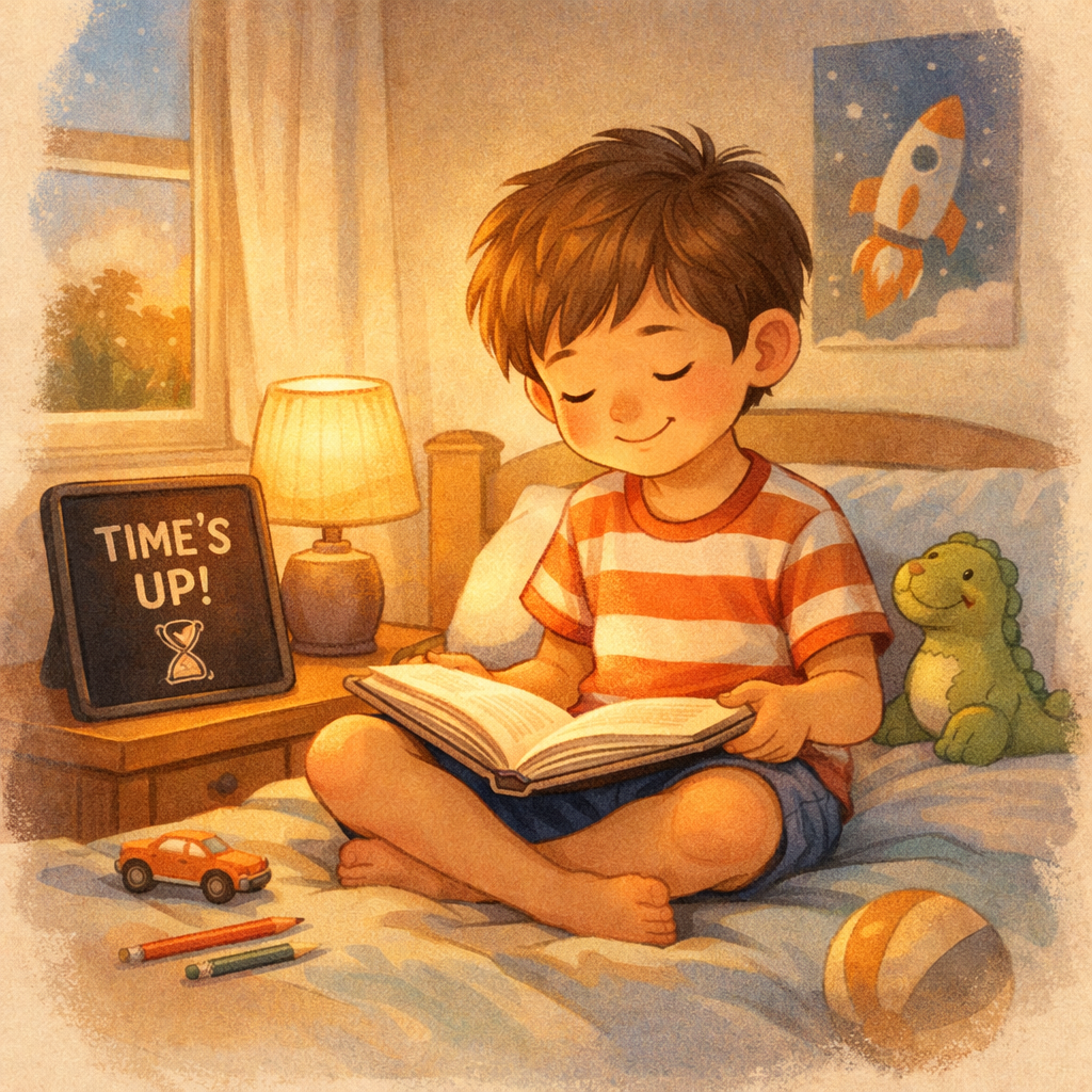 Kid reading a book after screen time has ended