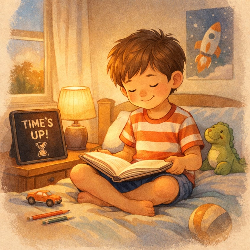 Child reading a book before bedtime instead of using a tablet