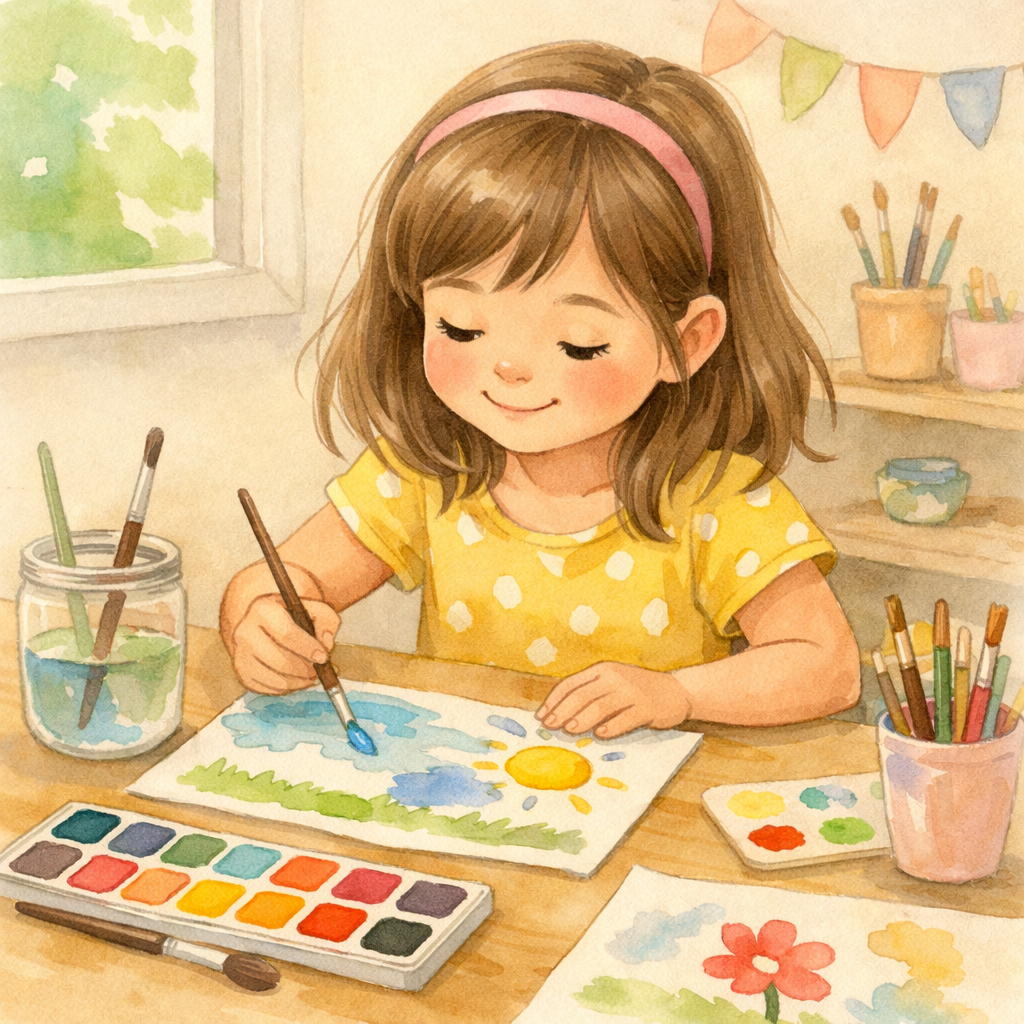 Art and painting activity – An autistic child painting with bright colors on paper while sitting at a home craft table.
