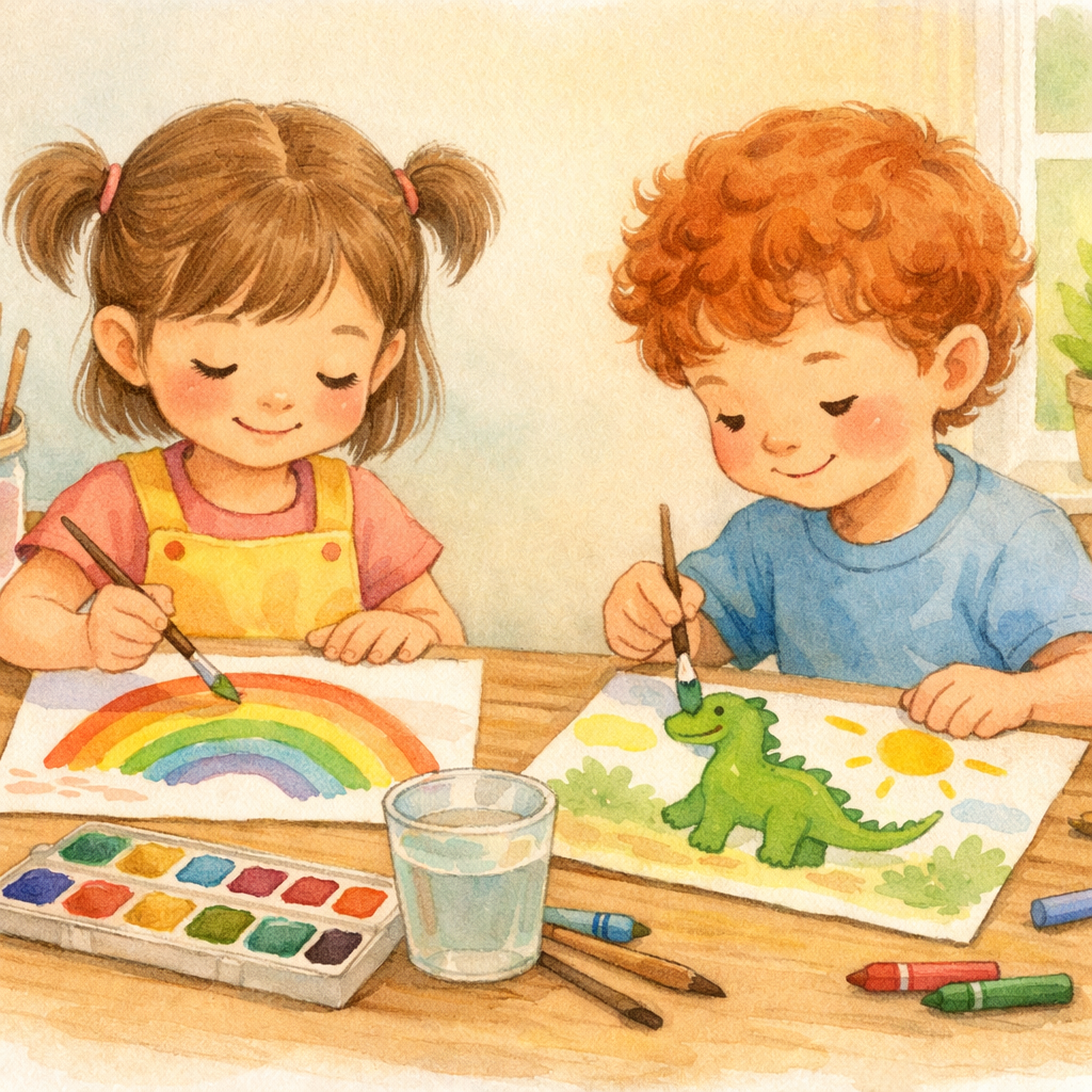 Creative art activity – A neurodiverse child painting with bright colors during a creative brain development activity.