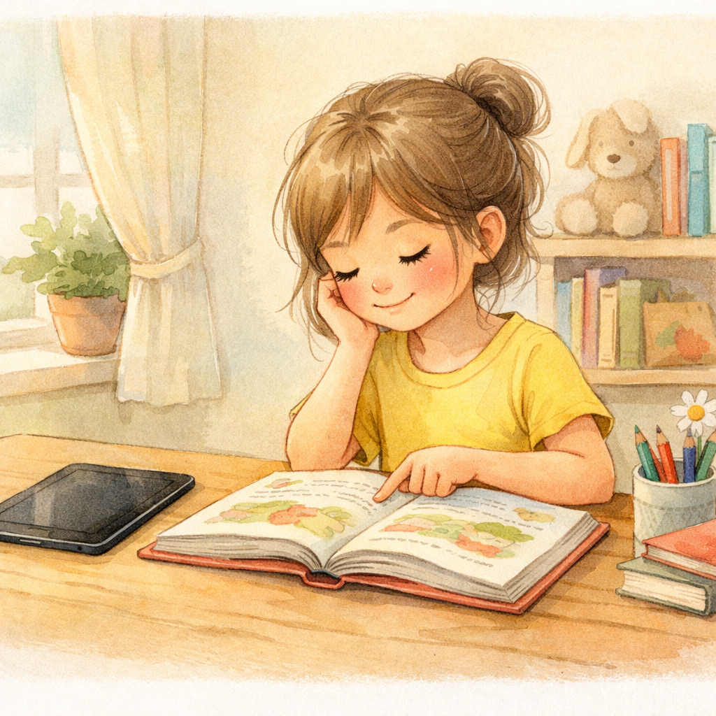 Kids reading books while tablet remains unused on a table.