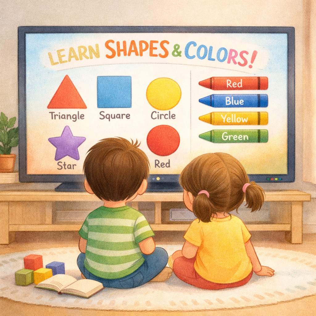 Kids learning shapes and colors – A TV screen showing a children’s educational program teaching shapes and colors.