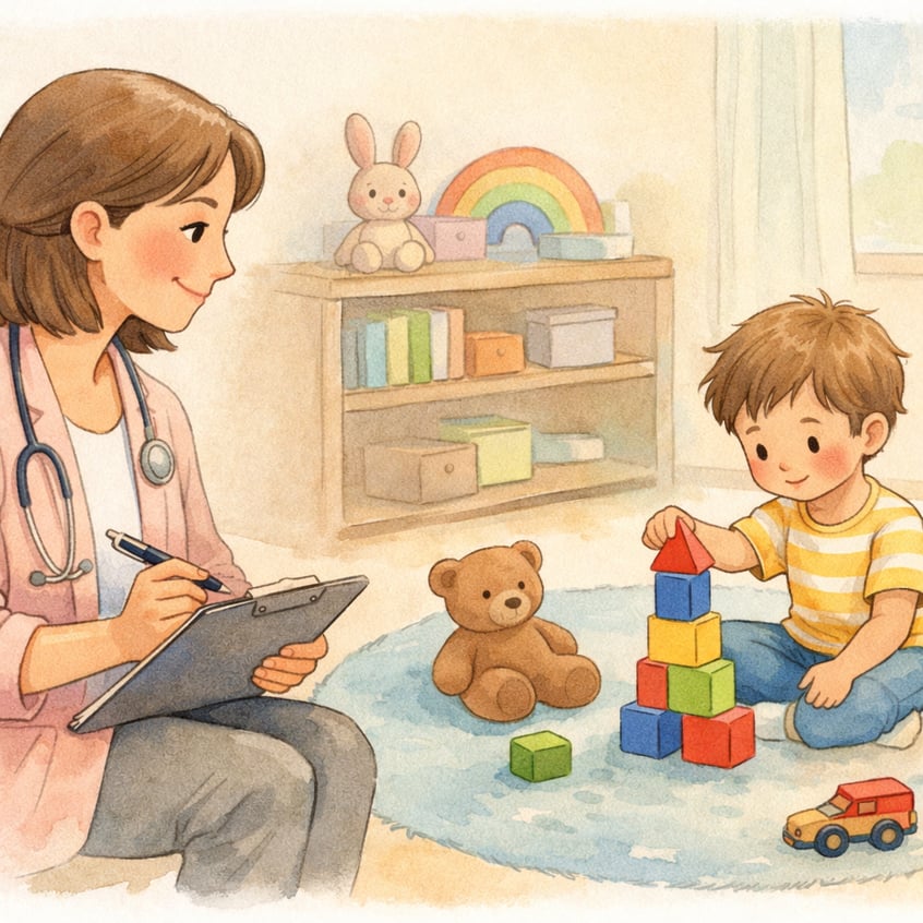 Healthcare professional observing a child during a developmental assessment.