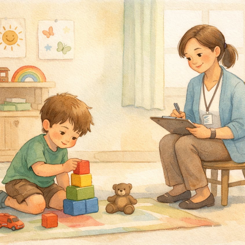 Medical professional observing a child’s behavior during a developmental evaluation.