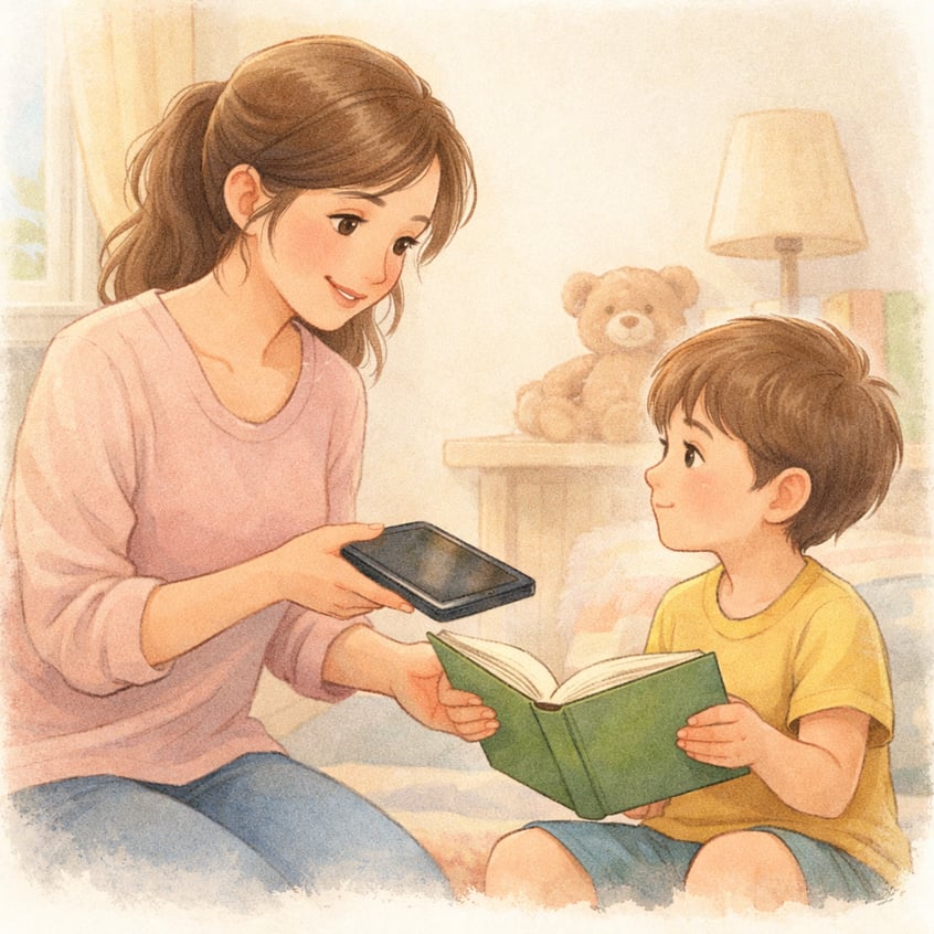 Mother gently taking a tablet from her child and offering a book instead.