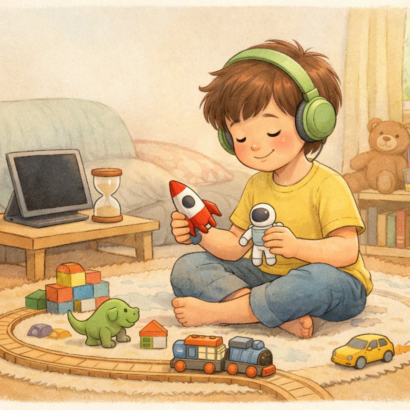 Neurodivergent child taking a break from screen time to play with toys.