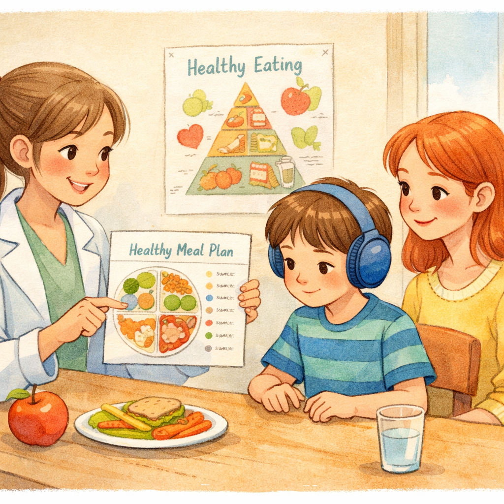 Educational chart showing foods that support gut health for autistic children.