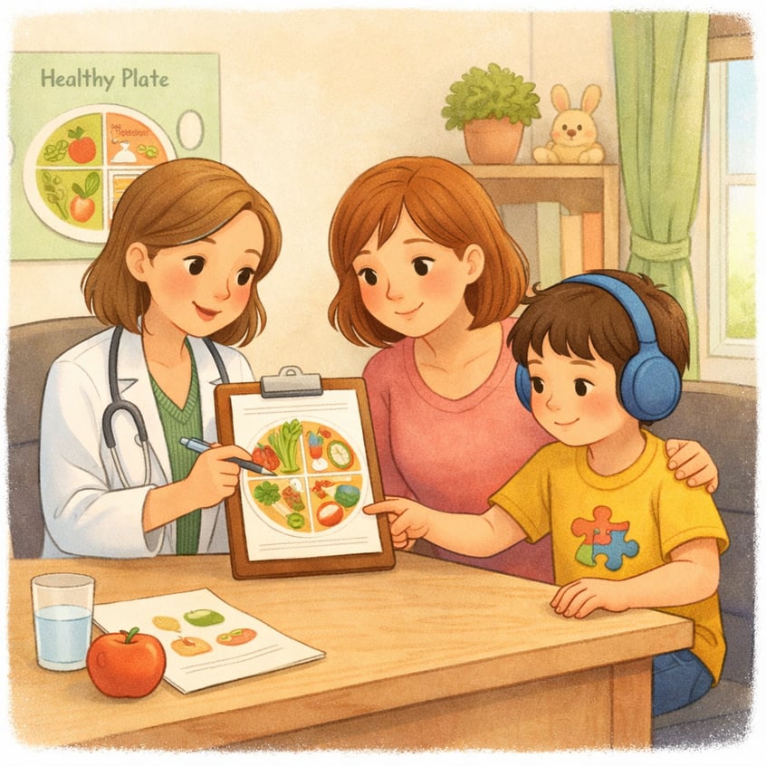 Parent and autism dietitian reviewing a meal plan designed for a child’s sensory and nutritional needs.