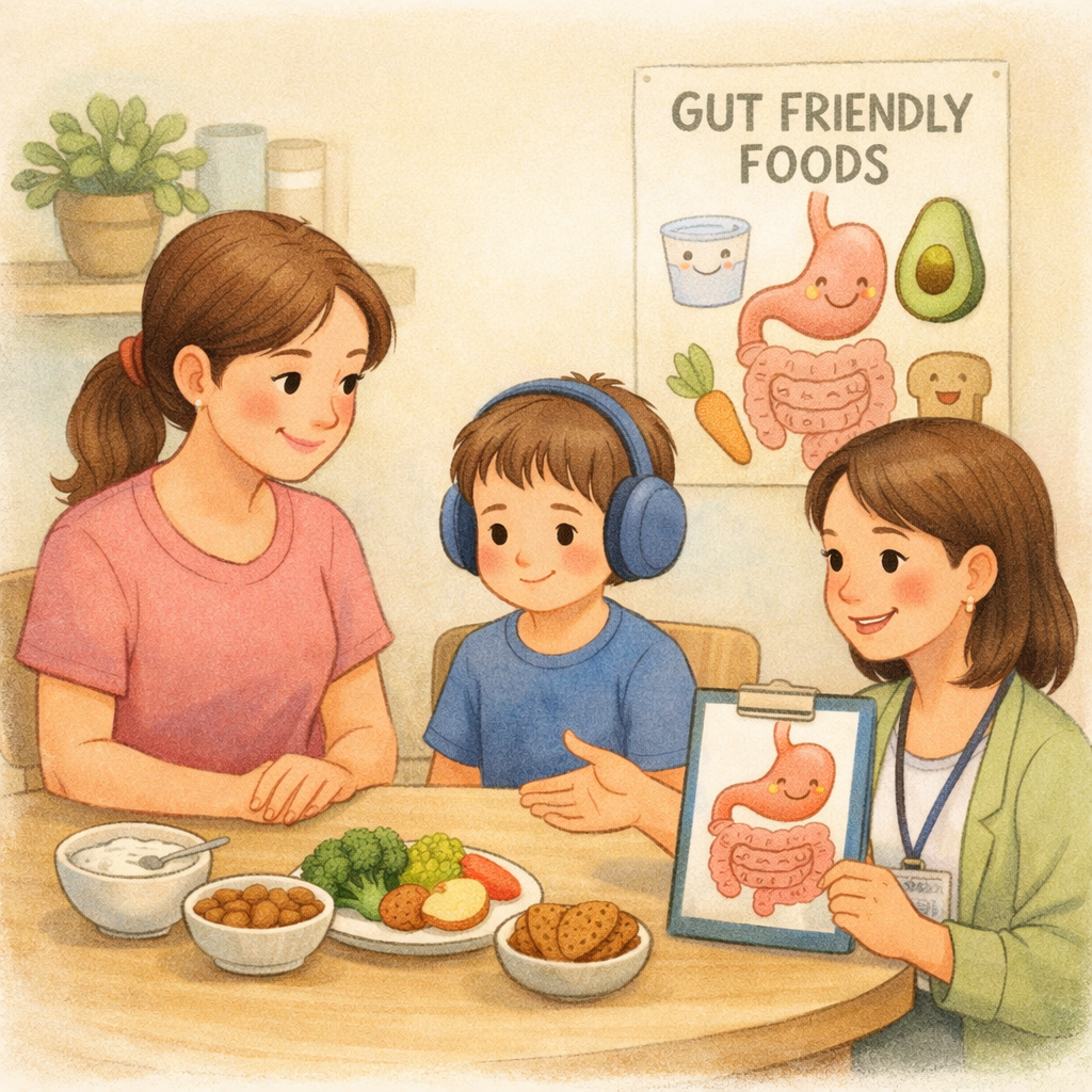 Supportive dietitian helping a child with autism build healthy eating habits through guided food choices.