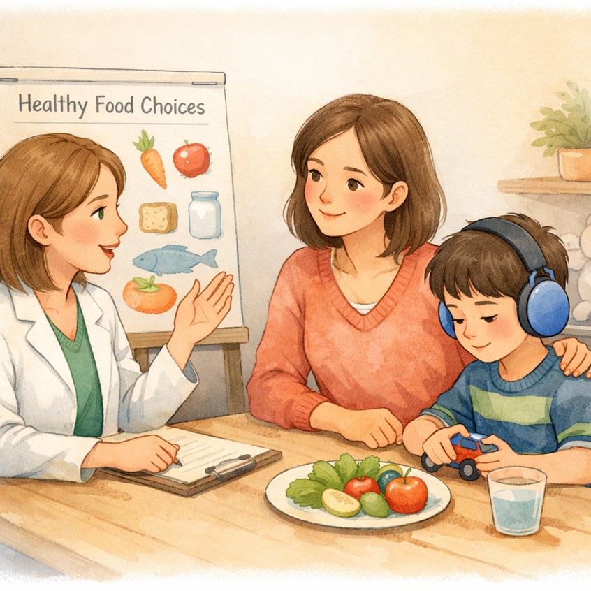 Nutritionist discussing healthy food choices with a parent of an autistic child.