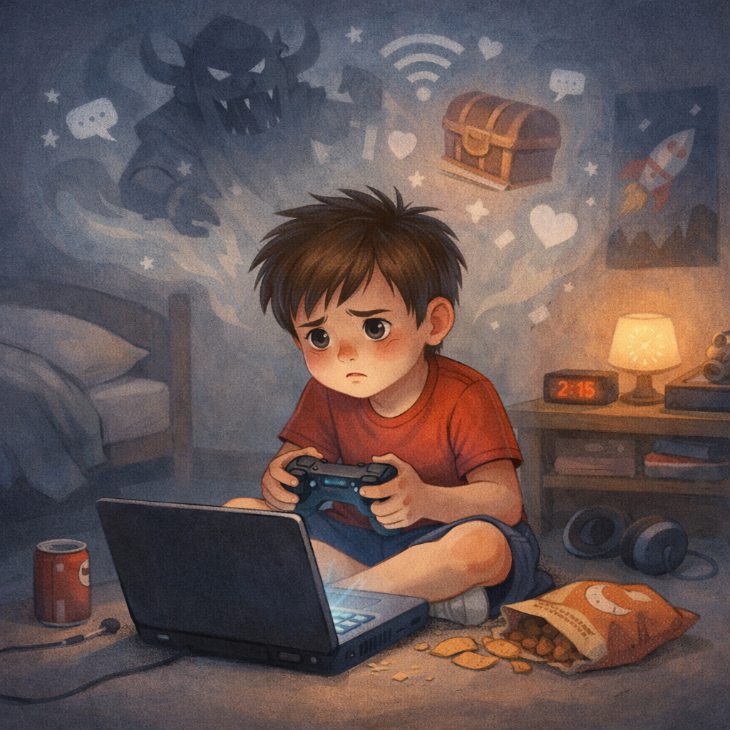 Close-up of hands gripping a gaming controller during a long gaming session.