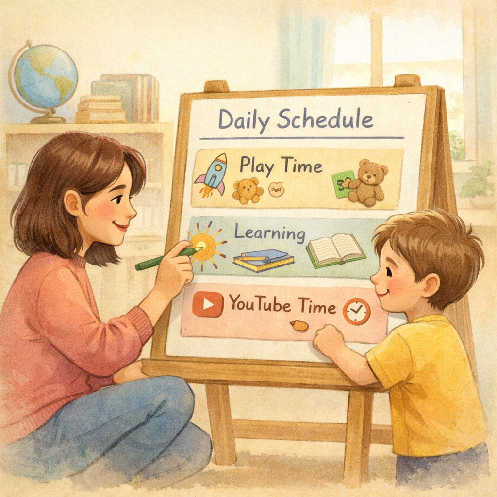 Parent and child creating a balanced routine with play, learning, and limited YouTube time.