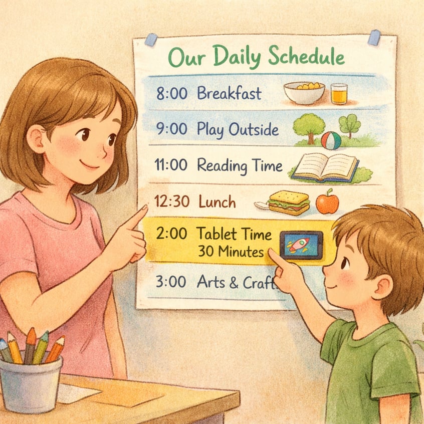 Parent showing a daily schedule chart with clearly marked screen time limits for children.