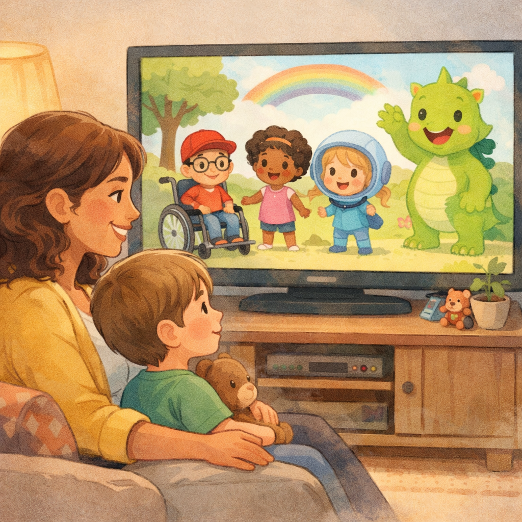 Parent and child enjoying a positive and inclusive kids’ TV program together.