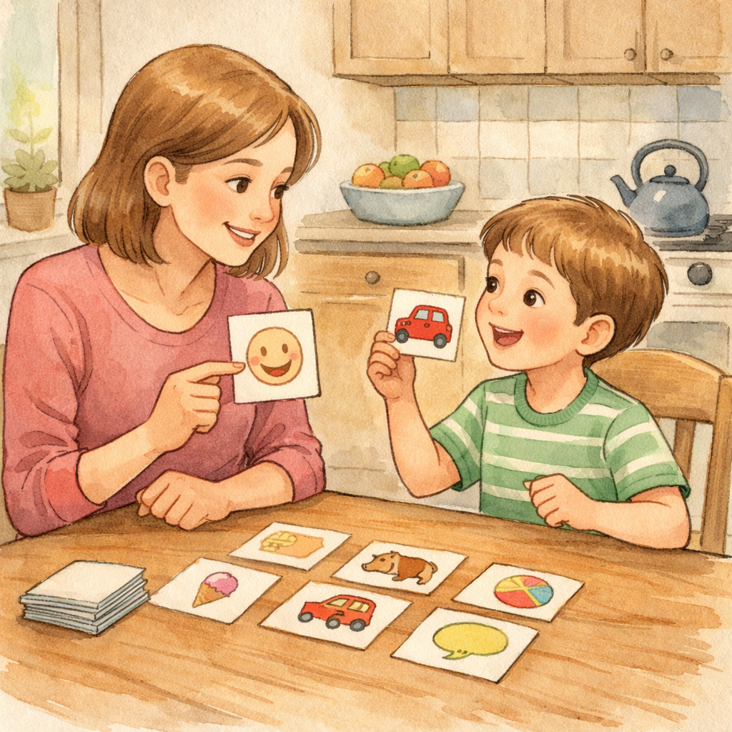 Parent and child practicing communication skills using picture cards at the kitchen table.