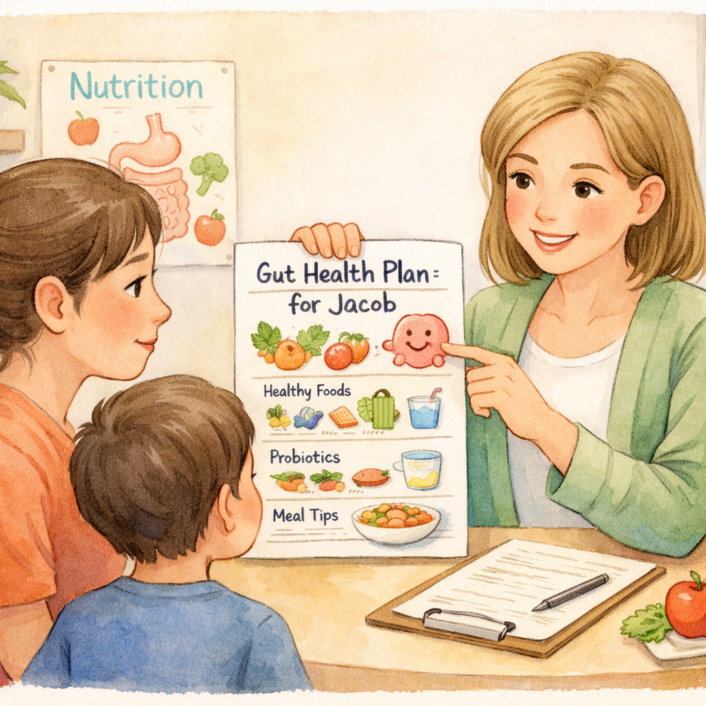 Dietitian explaining healthy food choices to support nutrition for autistic children.