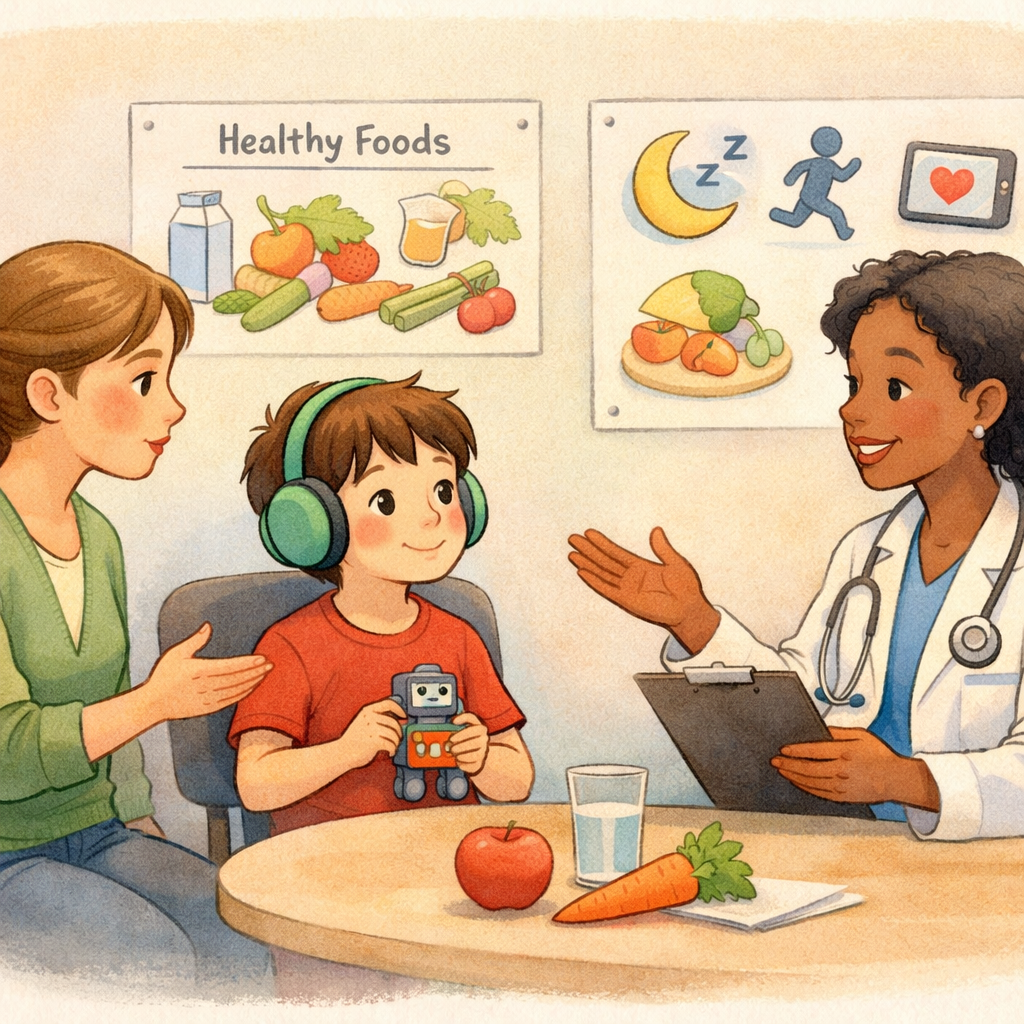 Parent and doctor discussing nutrition and lifestyle factors affecting a neurodiverse child.