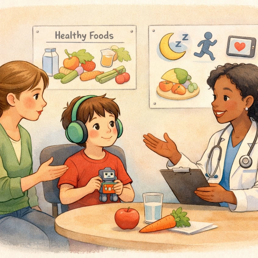 Nutrition specialist helping a child with autism try new foods in a supportive environment.