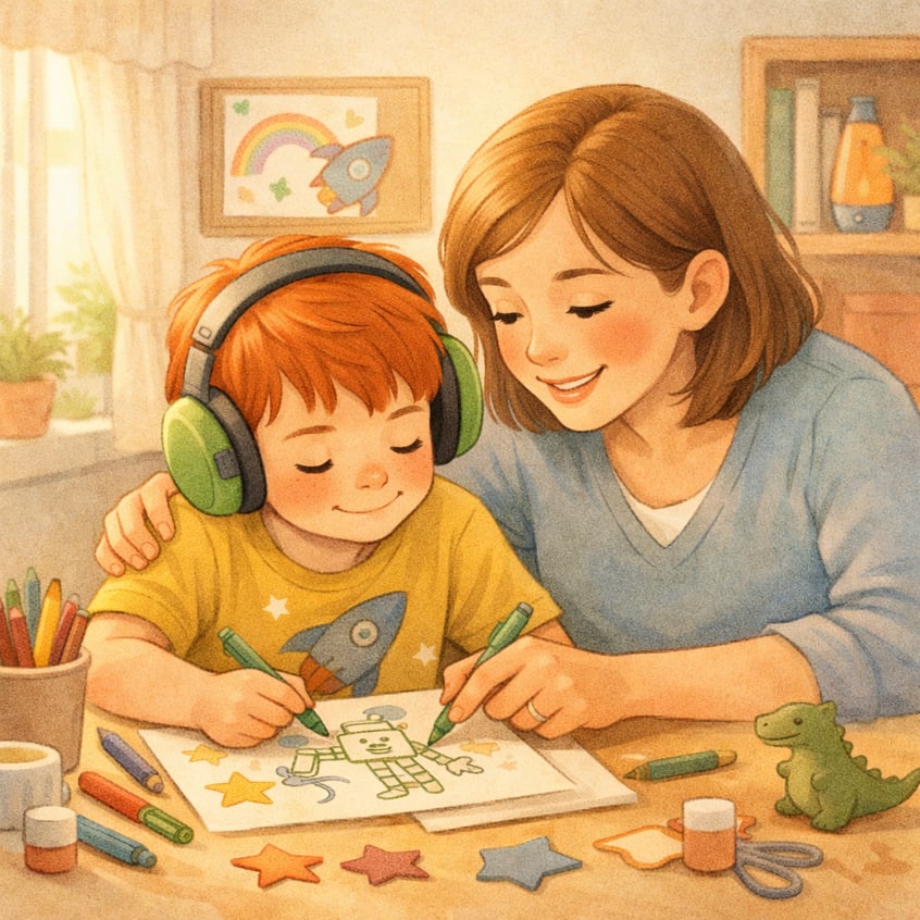 Parent supporting a child with autism during homework while a sibling reads nearby.