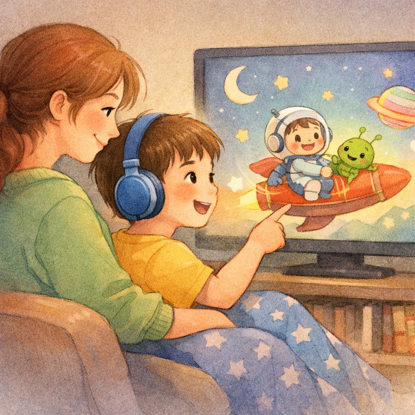 Parent and neurodiverse child enjoying a colorful animated program together.