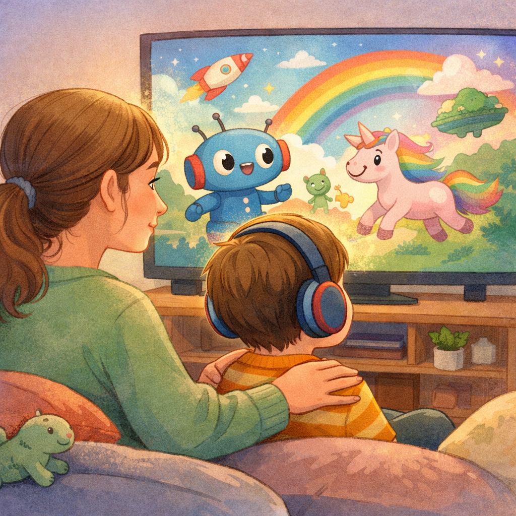 Family screen time with a recommended animated series for neurodiverse kids.