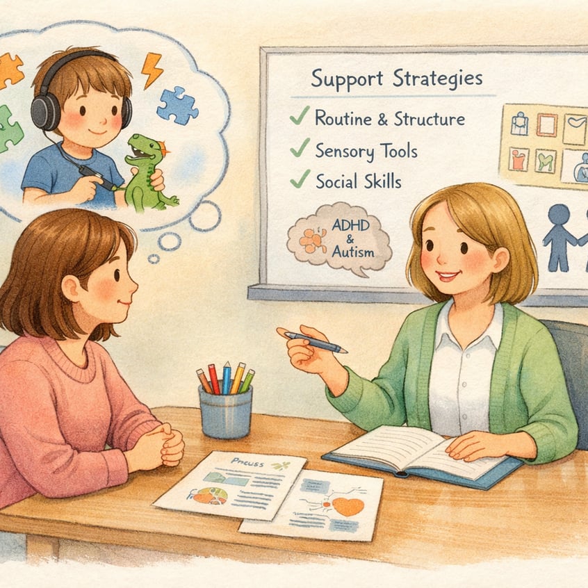 Pediatric specialist explaining ADHD and autism differences to parents.