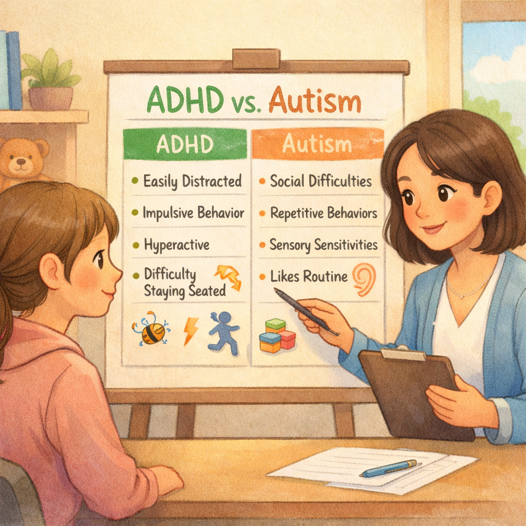 Parent discussing developmental traits of ADHD and autism with a specialist.