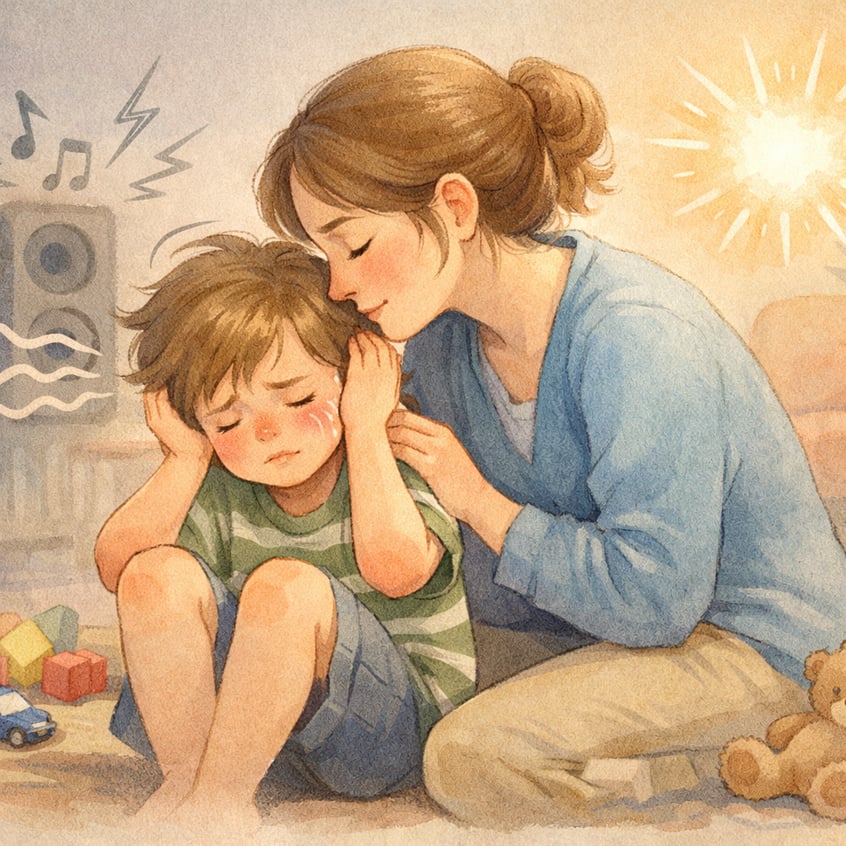 Parent comforting overwhelmed child – A parent gently hugging an autistic child who appears upset or overstimulated.