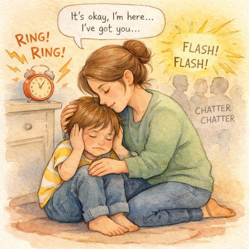 Child experiencing sensory overload – An autistic child covering their ears in a noisy environment while appearing overwhelmed.