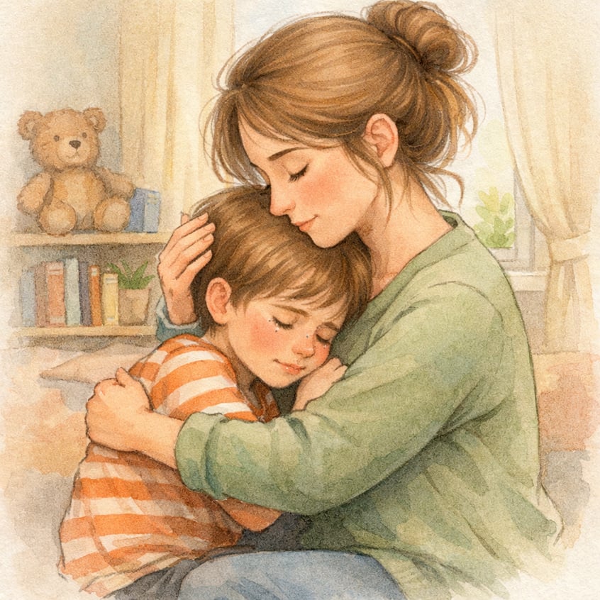 Parent comforting a child during a stressful moment to help reduce anxiety.