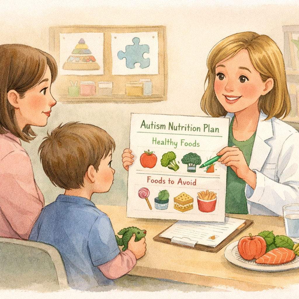 Parent discussing a personalized autism nutrition plan with a pediatric dietitian.