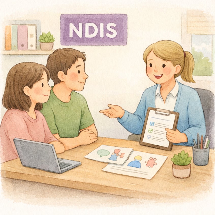 Create photos of childrens illustrations in a 12 aspect ratio related to the topic Parent discussing therapy options with a specialist under an NDIS p-1