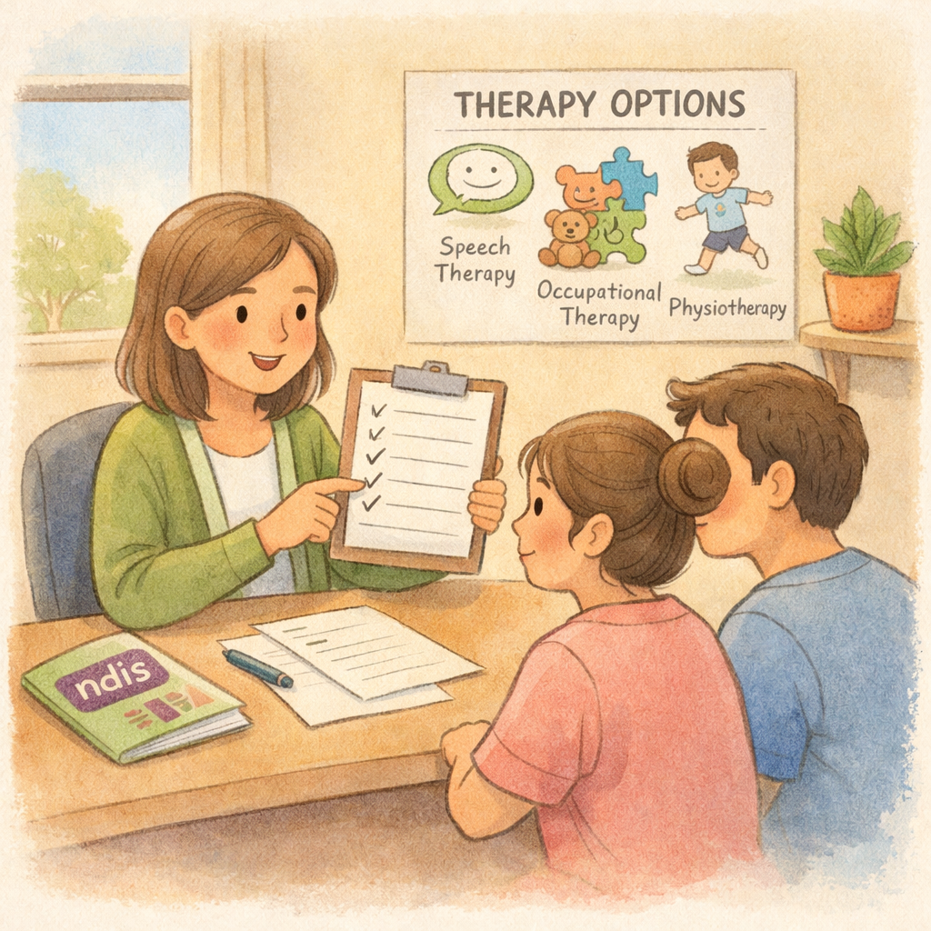 Parent discussing therapy options with a specialist under an NDIS plan.