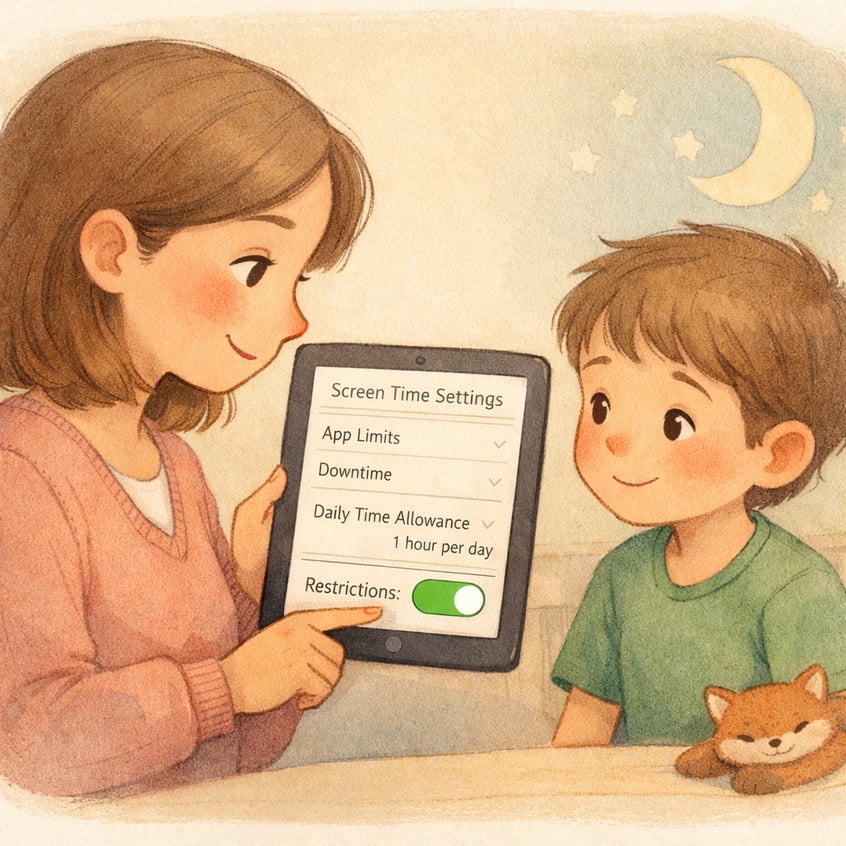 Parent enabling screen time restrictions on a tablet for a child.