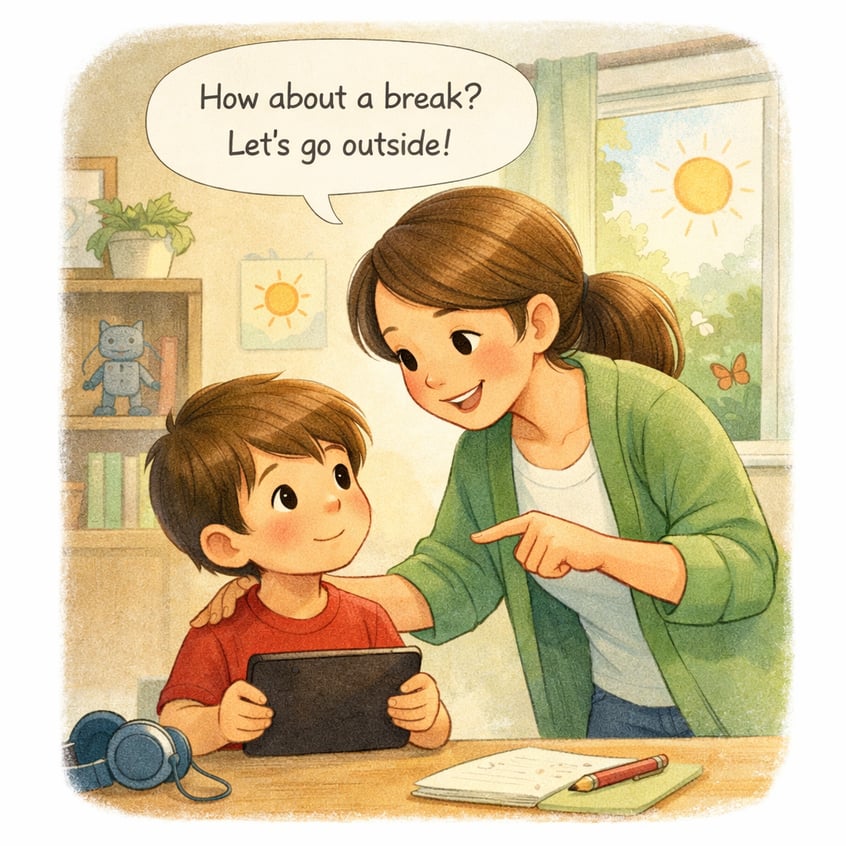 Parent encouraging a child to take a break from digital devices to support healthier routines.