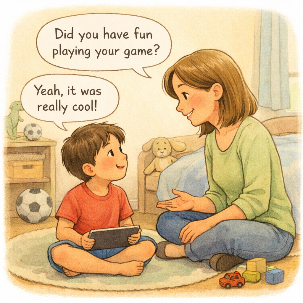 Parent engaging a child in conversation after screen time to support social development.