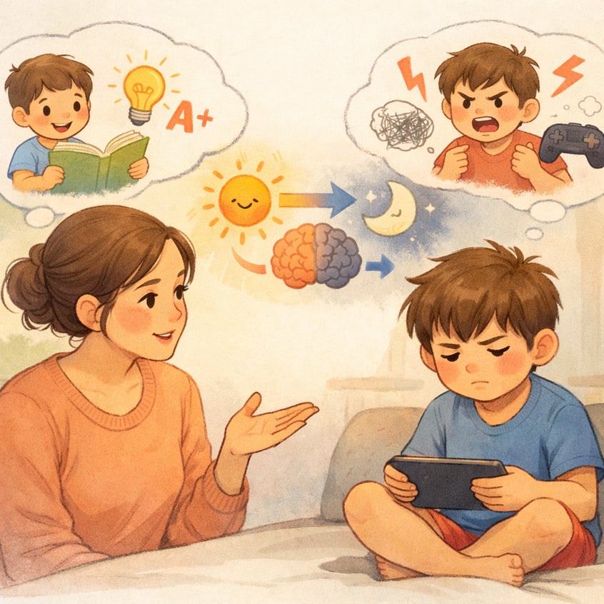 Parent explaining how too much screen time can affect behavior and learning.