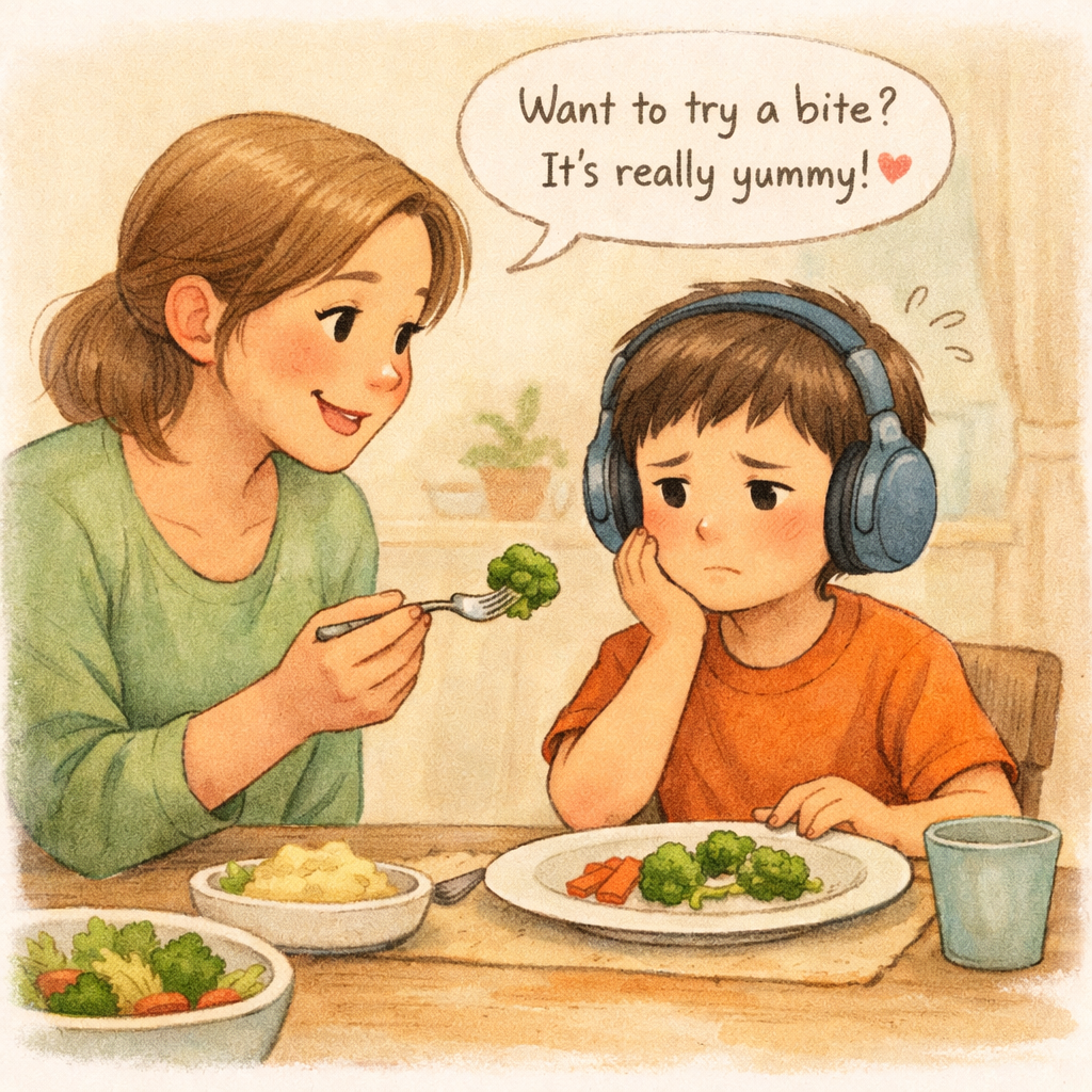 Parent gently encouraging a child with autism to try a new vegetable during dinner.
